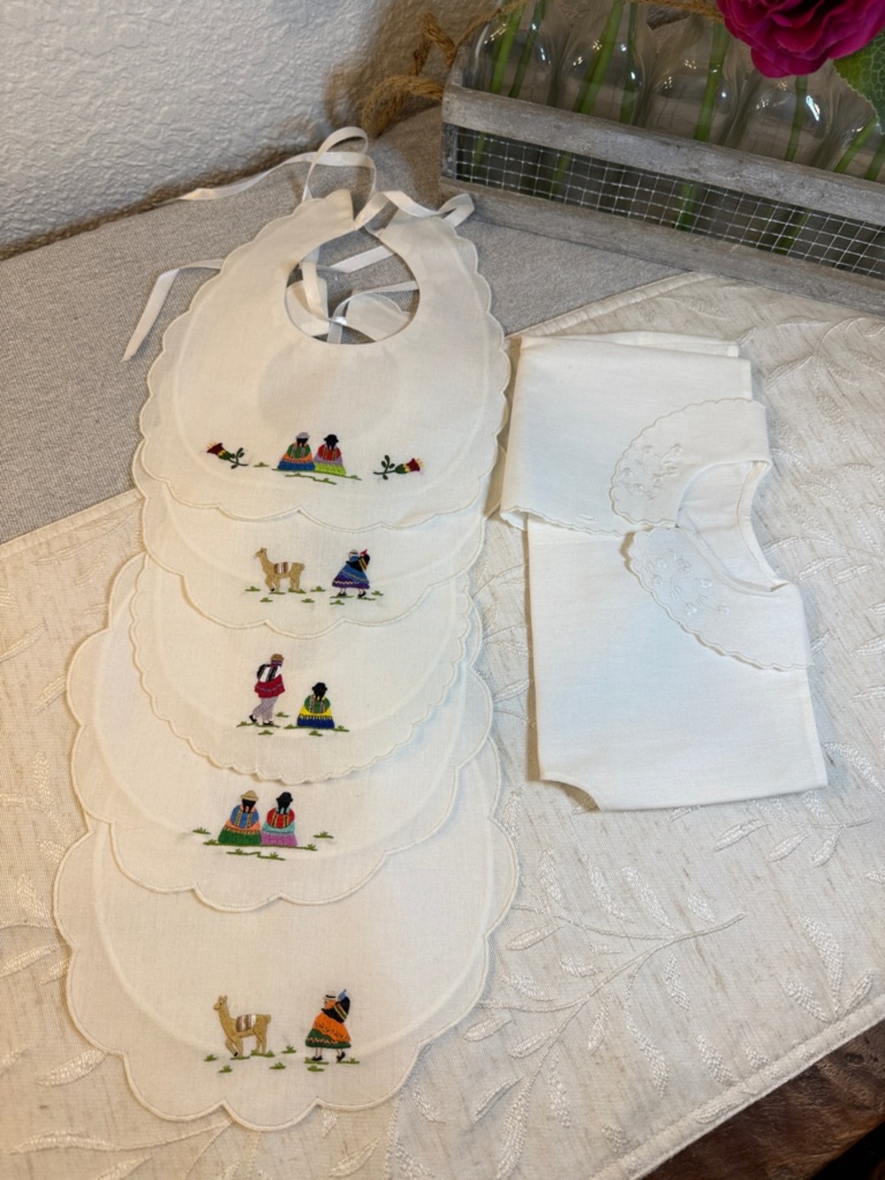 Vtg Labores Bolivianas 8pc Baby Heirloom Set - Blanket, Pillowcase, Bibs, Shirt